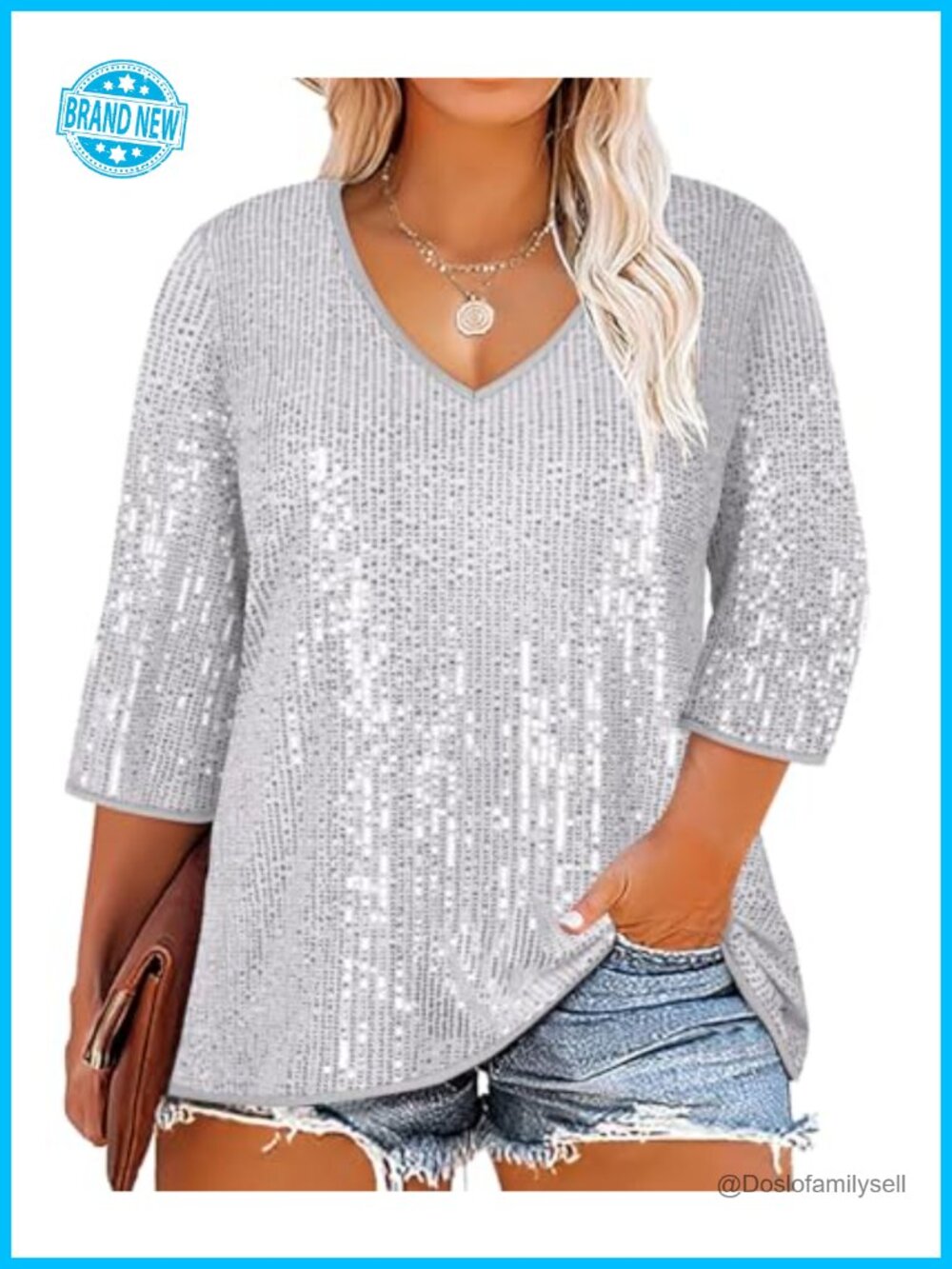 Plus Size Sequin Glitter Blouse 3/4 Sleeve V Neck Tunic Party Top